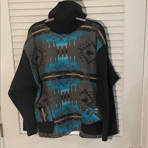 Handmade OOAK Geometric Patterned Multicolor Black Teal Detachable Neck Fleece
